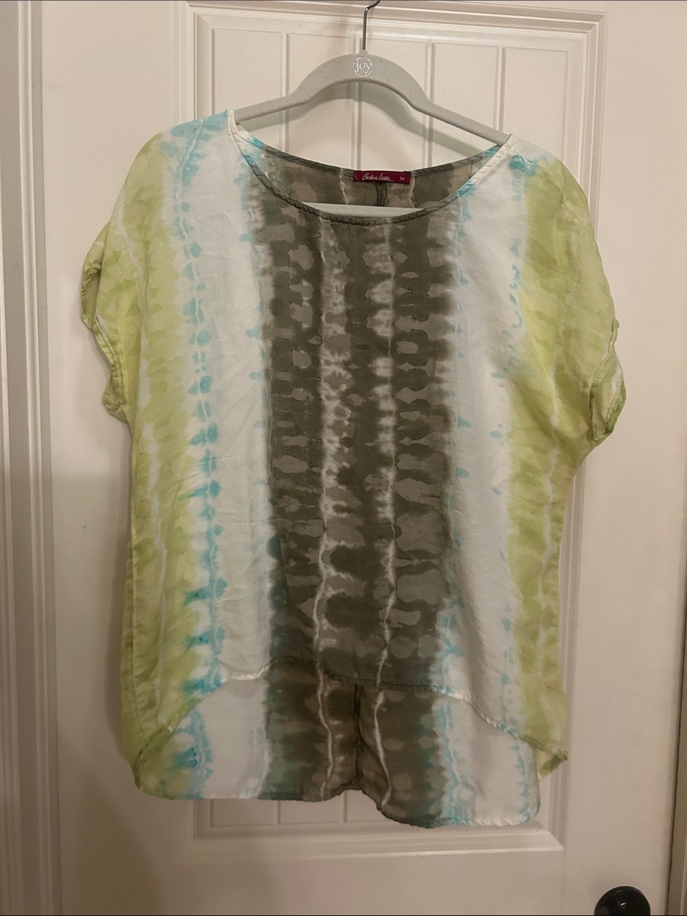 Lightweight silk/cotton Tie-Dye Short Sleeve Top in Green and Blue